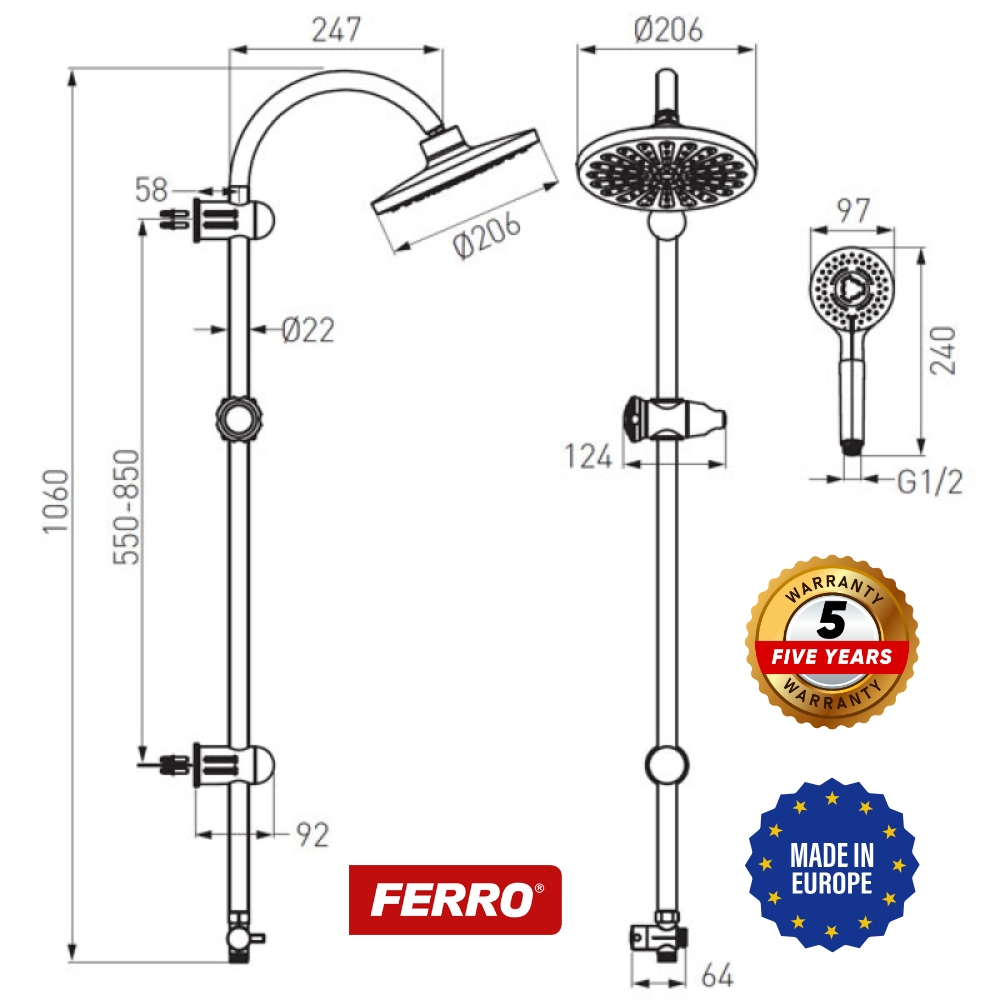 Set baterie dus cu set dus fix si para dus mobila, FERRO Savio (6)